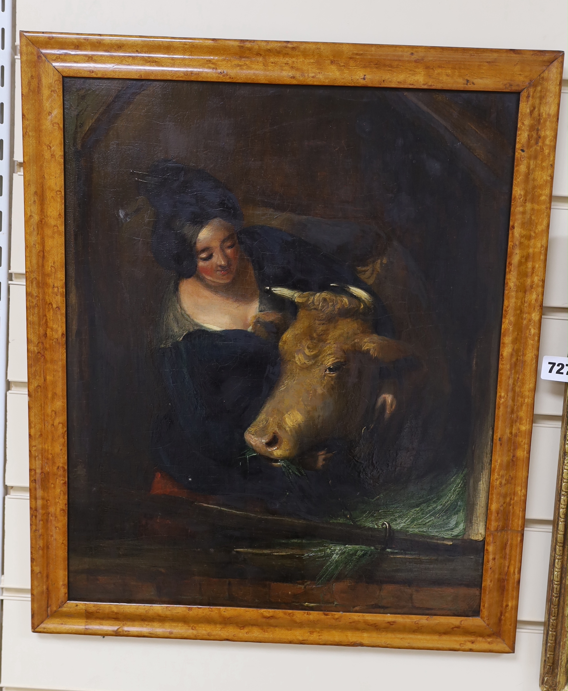 Victorian School, oil on board, Woman feeding a cow, 48 x 39cm